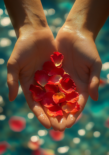 A woman's hand throws rose petals to man.