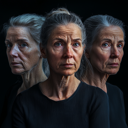A woman ages gracefully through three portraits.