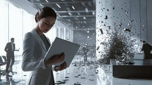 A woman breaks laptop with coworkers in line