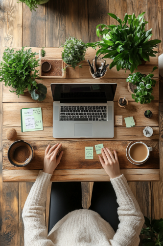 A woman decorates her desk for work.
