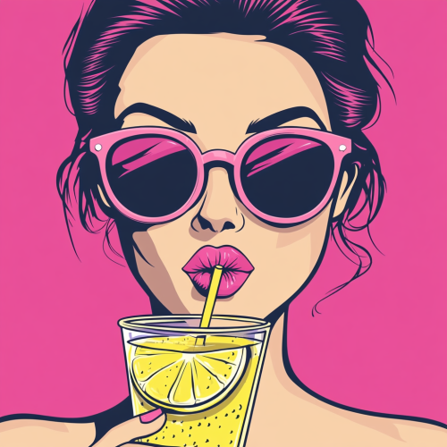 A woman drinks lemonade with bold outlines on pink