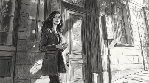 A woman exiting a building in pencil drawing