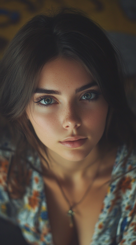 A woman in 1970s clothes looks at camera.
