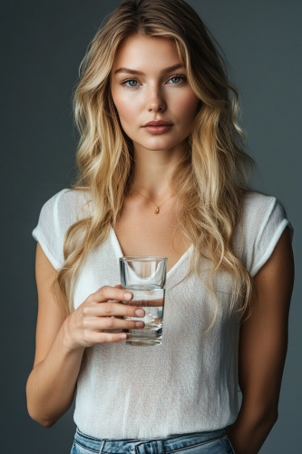 A woman in a fashion photoshoot with water