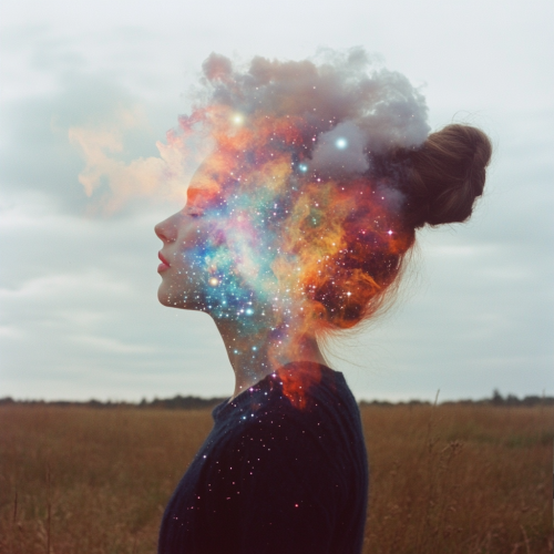 A woman in a field with stars emanating