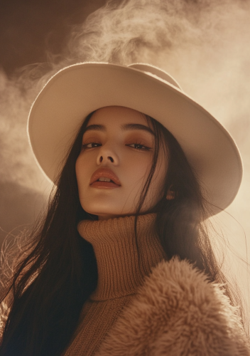 A woman in a hat and sweater in foggy setting