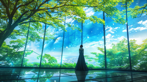 A woman in blue dress by window amidst nature