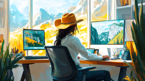 A woman in cowboy hat at desk with screens.