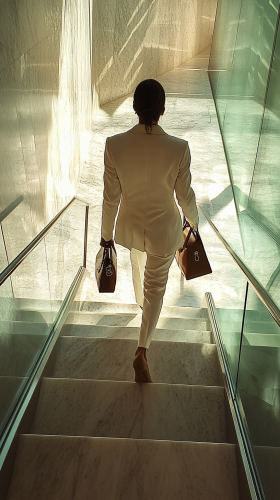 A woman in cream suit descends glass staircase