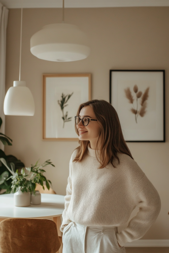 A woman in her mid-20s smiles in kitchen.