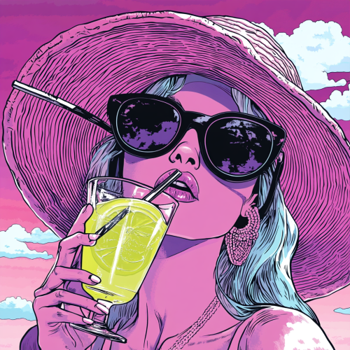 A woman in pink hat sipping lemonade, 80s style
