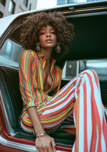 A woman in striped pants sits in NYC.