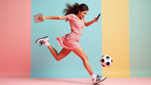 A woman jumping with soccer ball in dress.