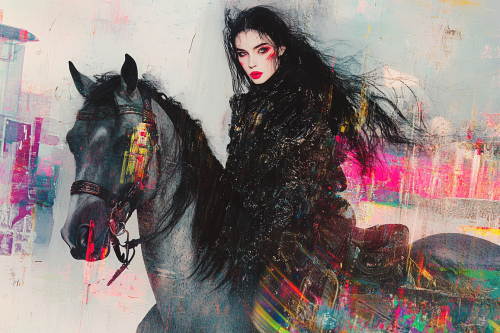 A woman on horse galloping in black-white glitch art
