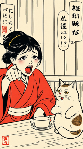 A woman shouts at cat in traditional Japanese art.