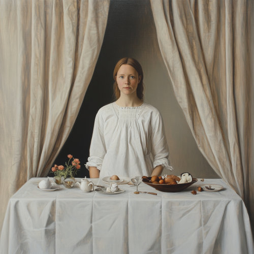 A woman standing at a set table painting