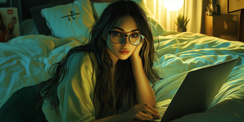 A woman with glasses watching laptop in bedroom