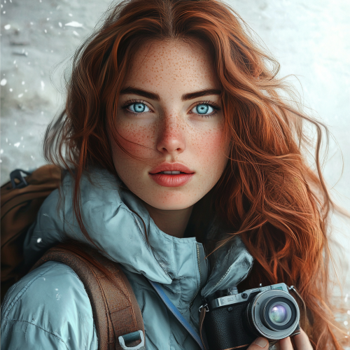 A woman with long hair and blue eyes.