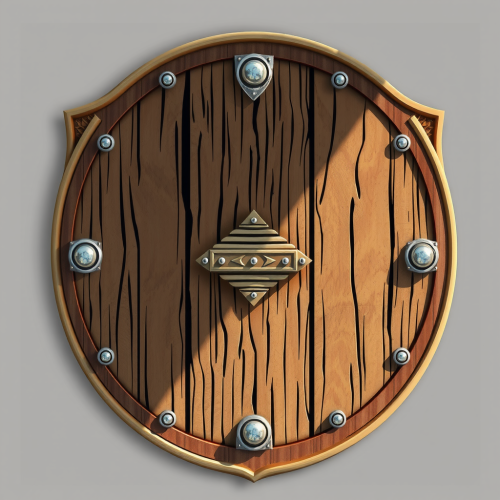 A wooden and metal shield in quick drawing.