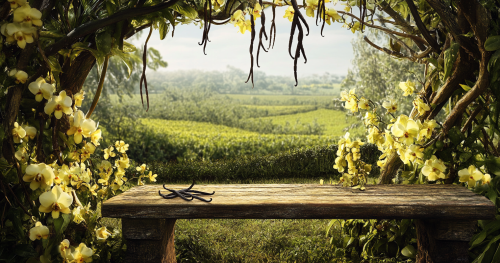 A wooden bench surrounded by blooming vanilla orchids