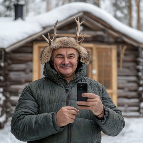 A wooden house with deer antler handle