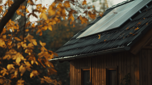 A wooden house with solar panels on roof
