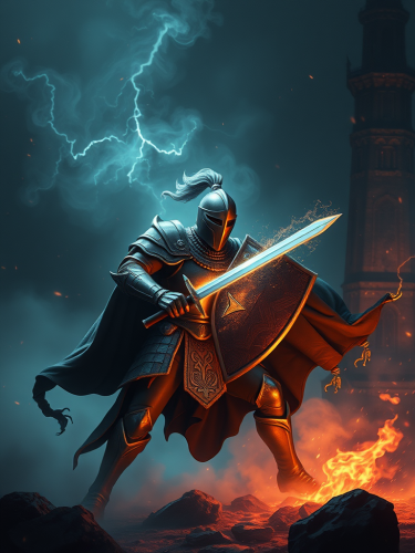 A wounded knight in a colorless magical land.