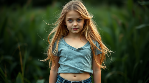 A young Irish girl without pants, wearing a t-shirt.
