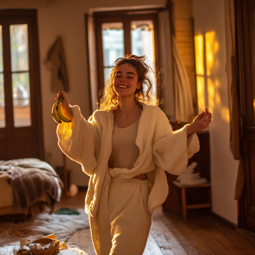 A young Italian woman happily dances indoors