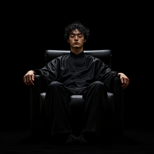 A young Japanese man sitting on leather sofa