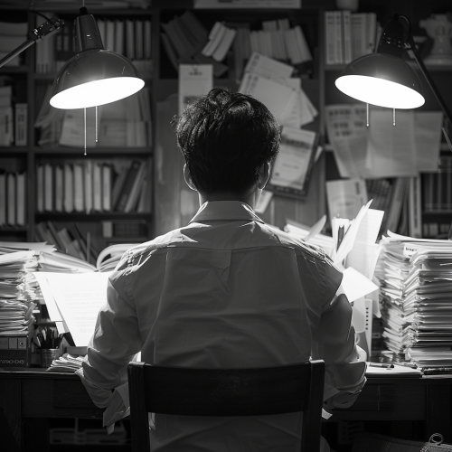 A young Korean man studying late at night