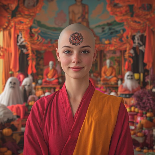A young bald woman in colorful robes meditates