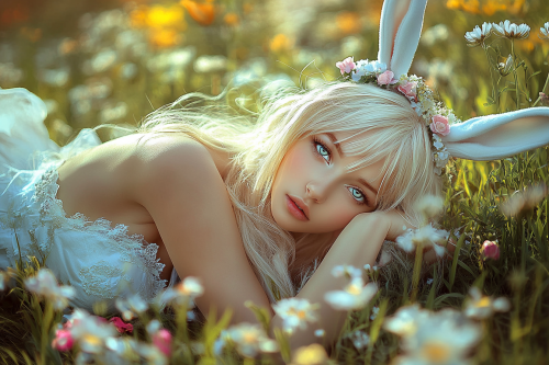 A young blonde woman in white dress in flowers.