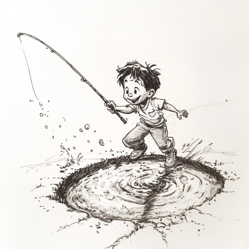 A young boy fishing with joy in pothole