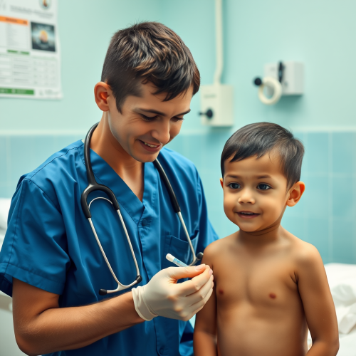 A young boy playing doctor with thongs.