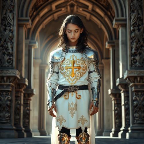 A young knight in white armor contemplates quietly.