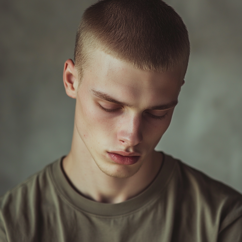A young man in a t-shirt, looking down