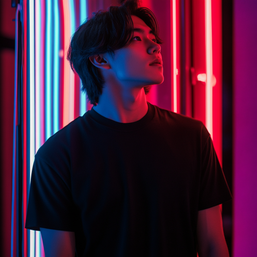A young man in black t-shirt under neon lights