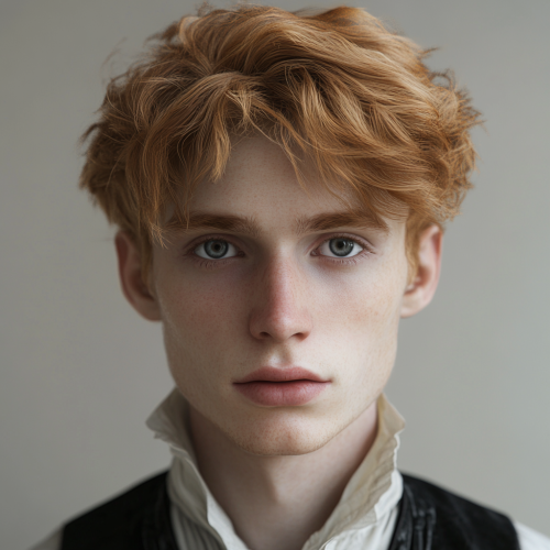 A young man with blond hair in Victorian attire