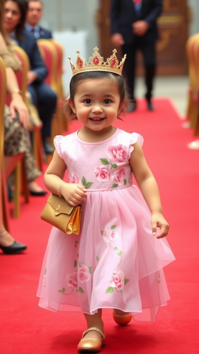 A young princess walks on red carpet.