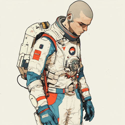 A young space mechanic in blue overalls suit
