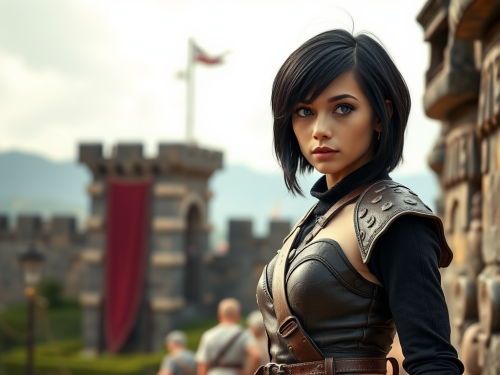 A young woman in Conan outfit near fortress.