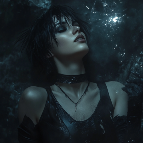 A young woman in black casts magic spell