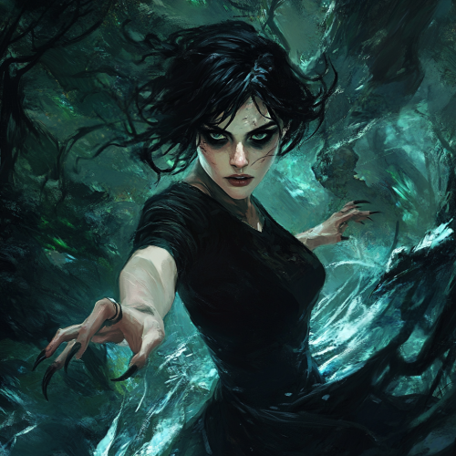 A young woman in black dress fights monsters