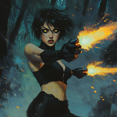 A young woman in gothic dress fights monster