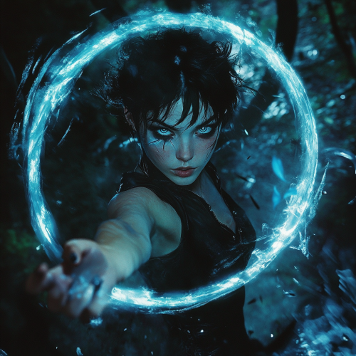 A young woman with black magic, surrounded by monsters