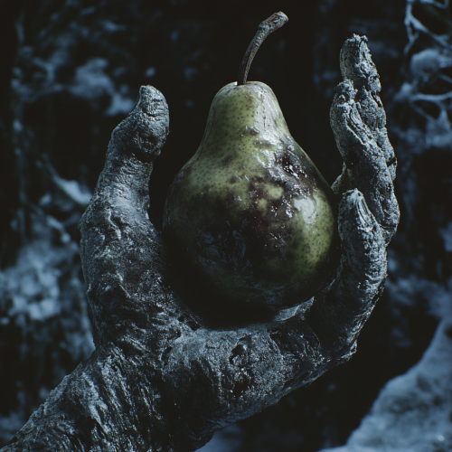 A zombie hand holding a rotten pear closely.
