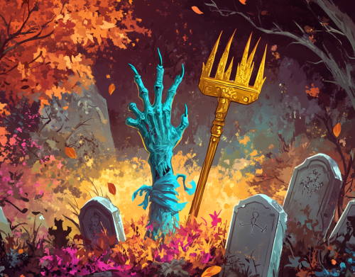 A zombie hand with rake among tombstones