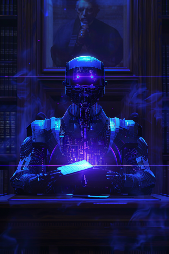 AI Robot Judge ruling in futuristic holographic courtroom.
