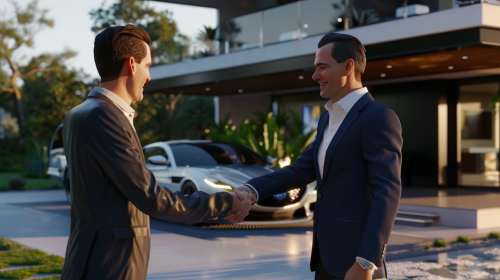 AI bot shakes hands with man at luxury villa.